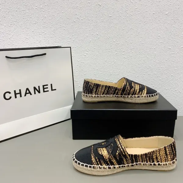 Chanel Metallic Tweed Grosgrain Cc Espadrilles Slip On Gold Black