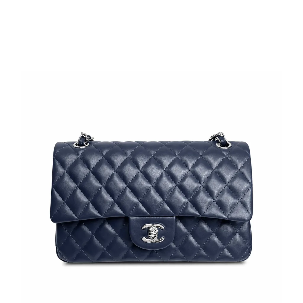 Chanel Medium Double Flap Quilted Lambskin Navy Blue Silver Hardware A01113 Main image