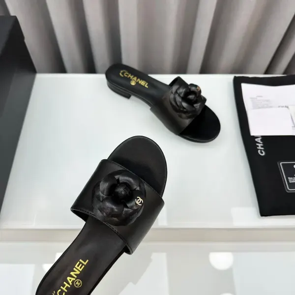 Chanel Camellia Leather Slides Black