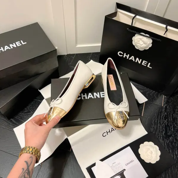 Chanel Leather Cap Toe Ballet Flats White Gold
