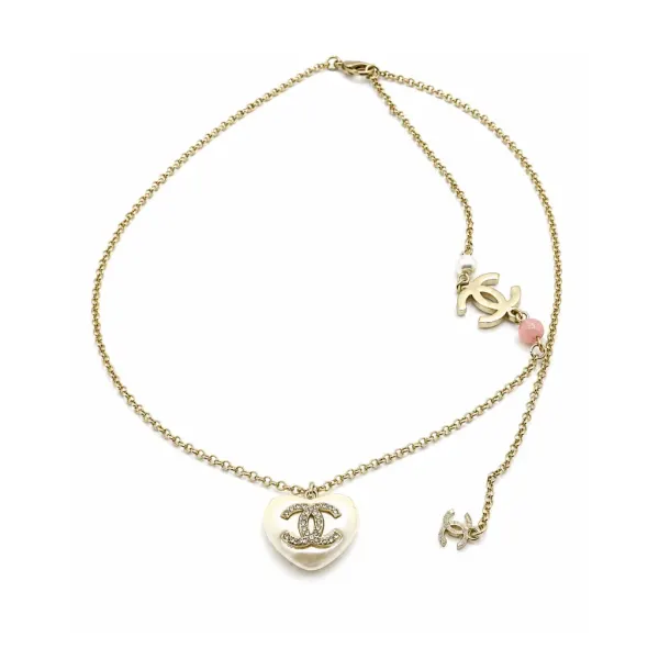 Chanel Gold-Tone CC Heart Resin Pearl Necklace