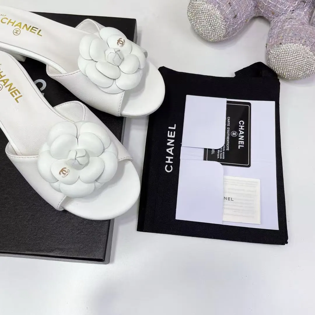 Chanel Camellia Slides White