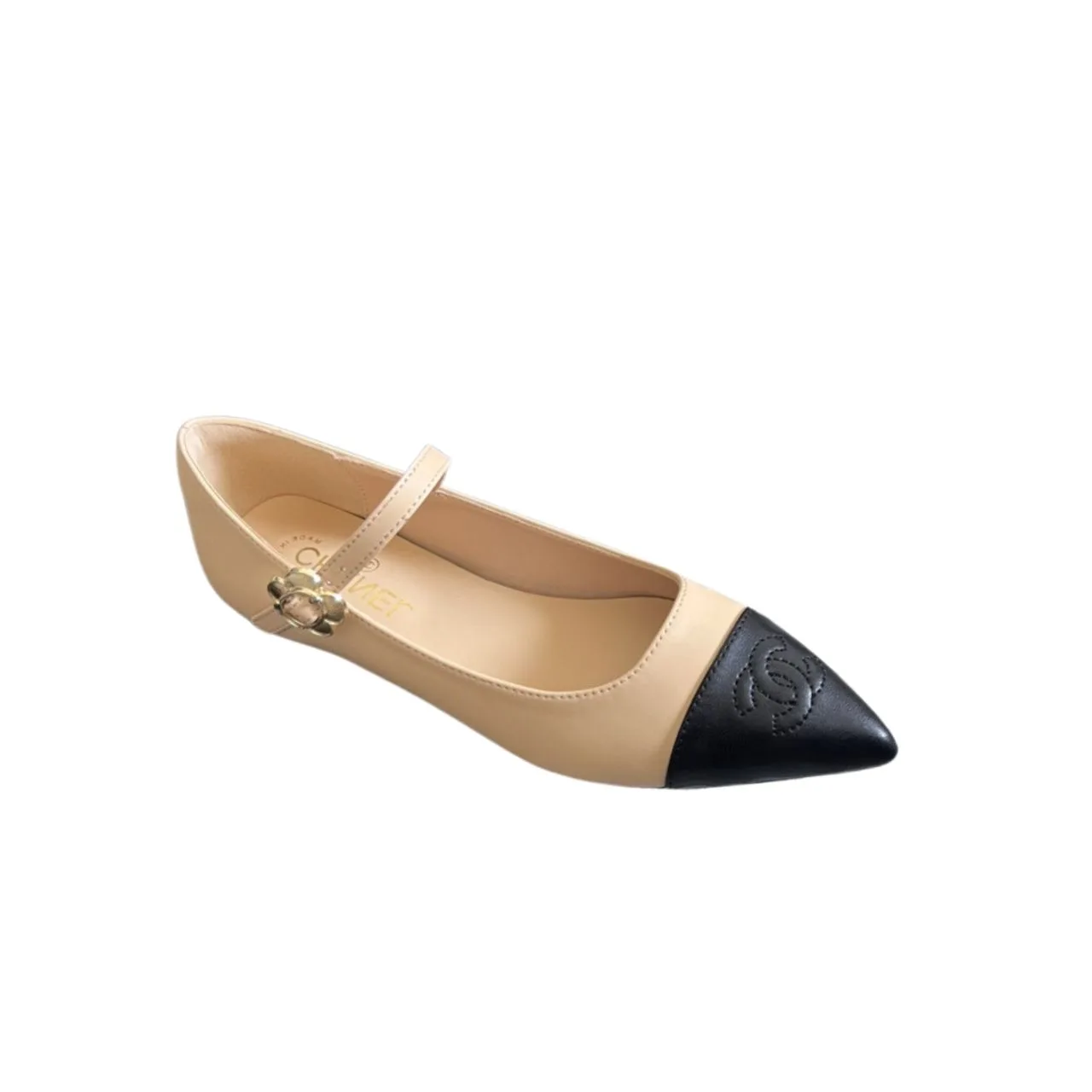 Chanel Pointed Toe Doll Shoes With Gold Flower In Beige Main image