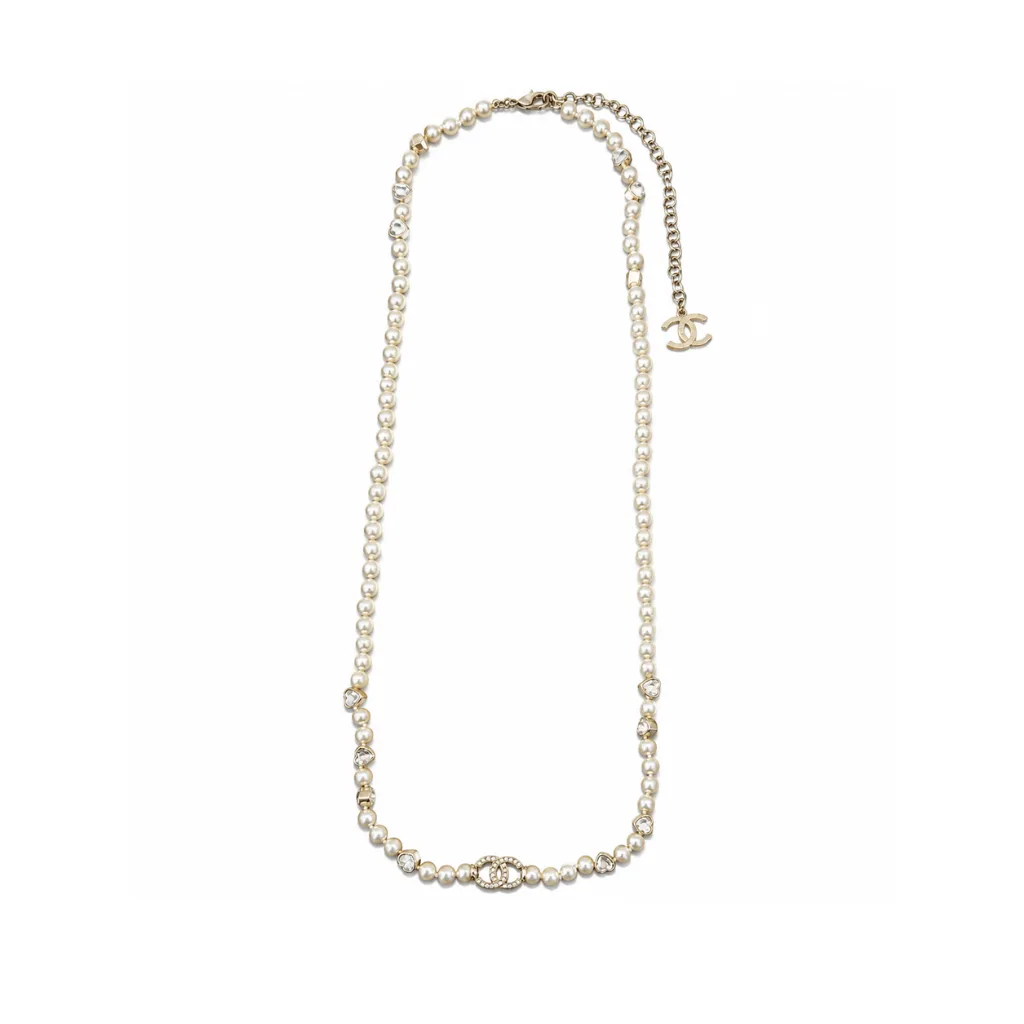 Chanel CC Strass And Heart Motif Pearl Sautoir Necklace – Light Gold-Tone
