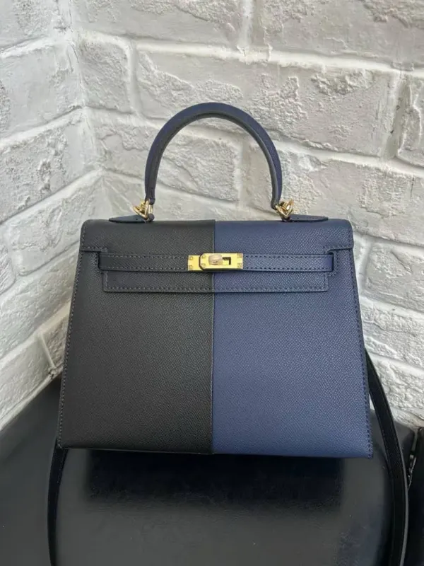 H Kelly 28 Sellier Black Blue Indigo Blue Frida Epsom Gold Hardware