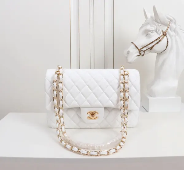 Chanel Classic Medium Double Flap White Lambskin With Gold Hardware 25Cm