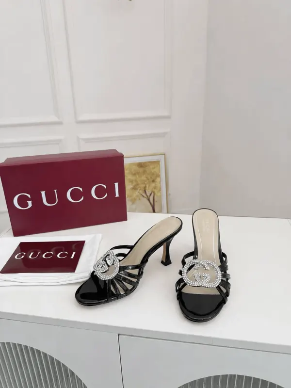 Gucci Interlocking G 85 Crystal Patent Leather Sandals Black