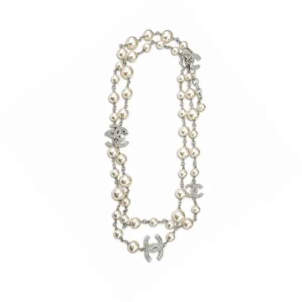 Chanel Crystal CC And Graduated Pearl Sautoir Necklace – Silver-Tone