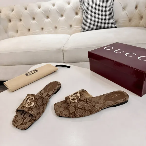 Gucci Classic Monogram Canvas Single-Strap Slide Sandals In Brown