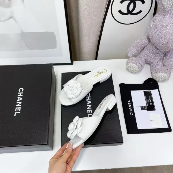 Chanel Camellia Slides White