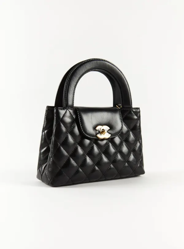 Chanel Shiny Aged Calfskin Quilted Nano Kelly Shopper Black