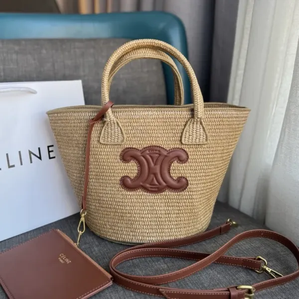Celine Supple Small Triomphe Classic Panier In Raffia Tan 25Cm