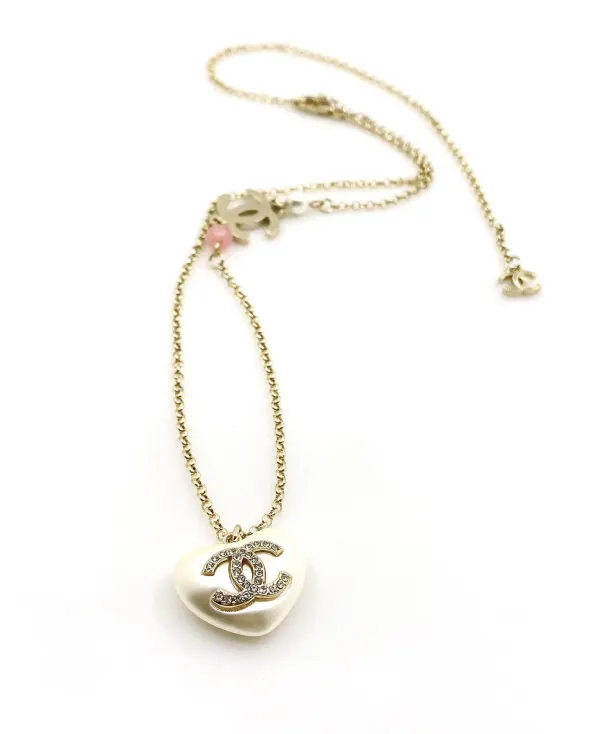 Chanel Gold-Tone CC Heart Resin Pearl Necklace