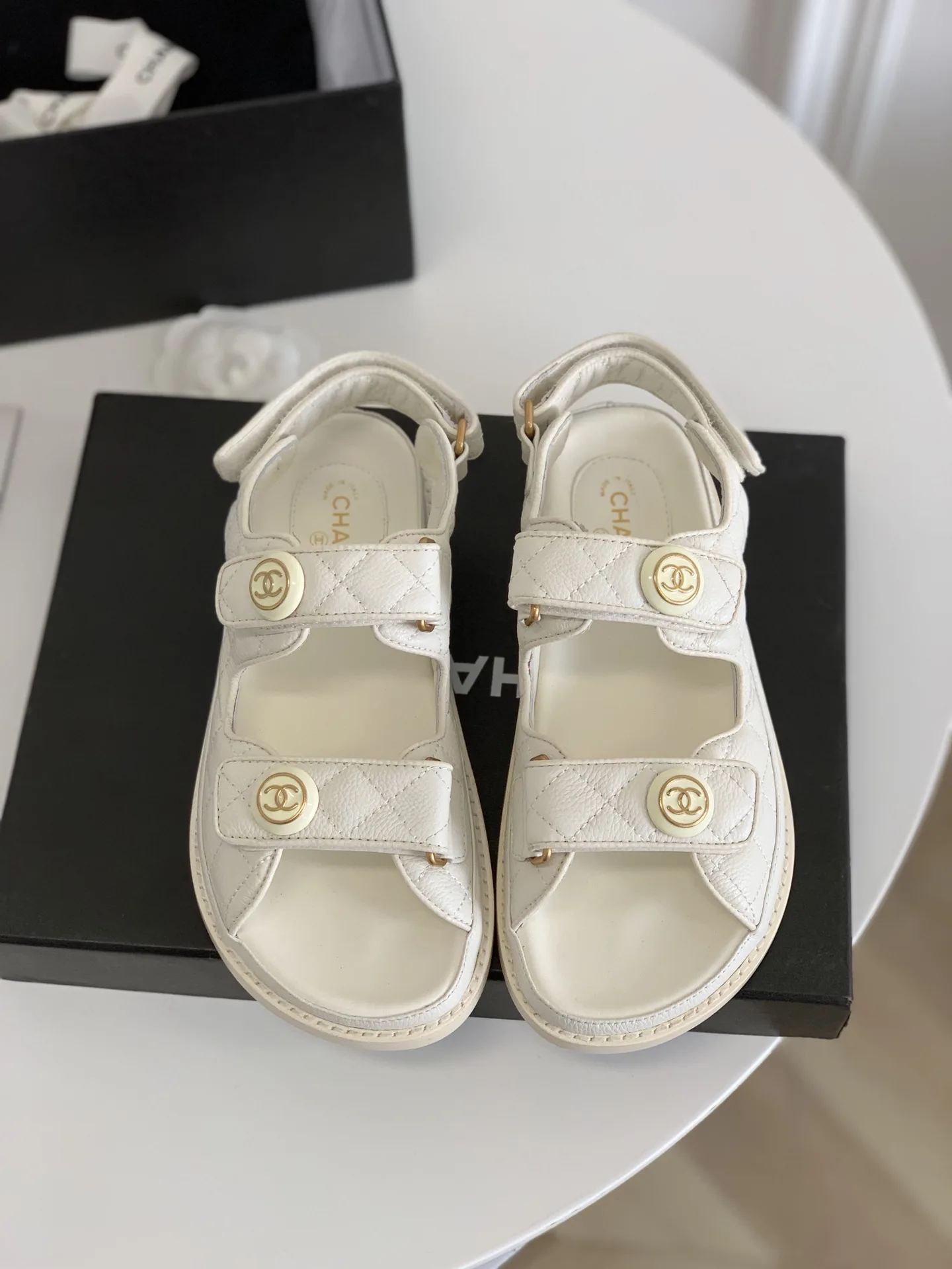Chanel Cc Button Velcro White Sandals Grained Calfskin Leather