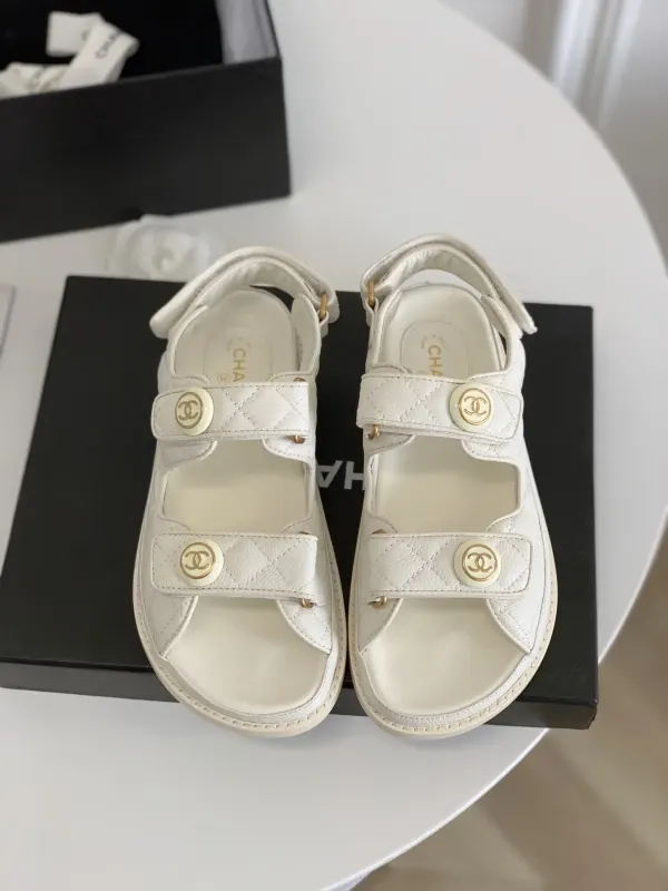 Chanel Cc Button Velcro White Sandals Grained Calfskin Leather