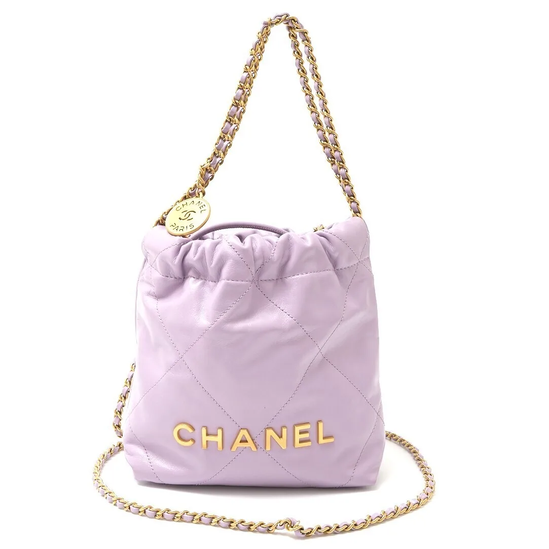 Chanel 22 Mini Handbag As3980 2Way Bucket Shoulder Bag Shiny Calfskin Purple Lad Main image