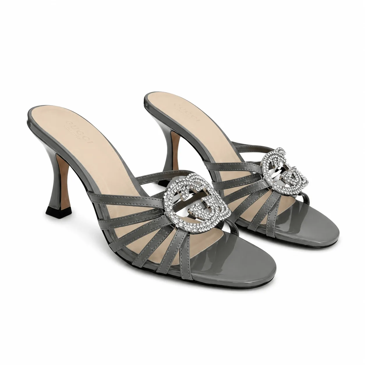 Gucci Interlocking G 85 Crystal Patent Leather Sandals Grey Main image