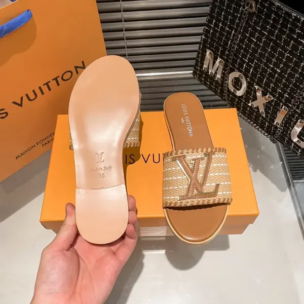 Louis Vuitton Lock It Flat Raffia Mules Brown