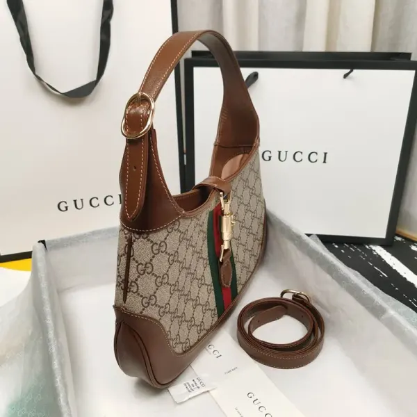 Gucci Jackie 1961 Small Shoulder Bag Beige GG Canvas Brown Leather Gold
