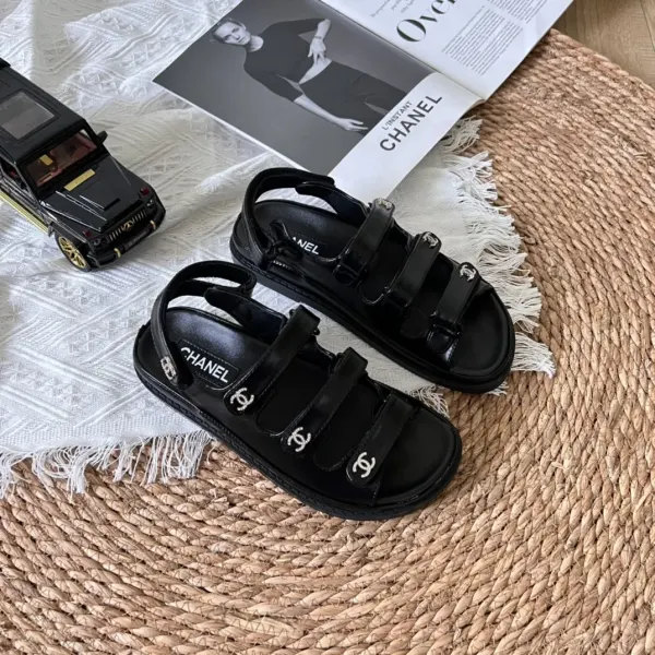 Chanel Black Leather Interlocking CC Logo Sandals