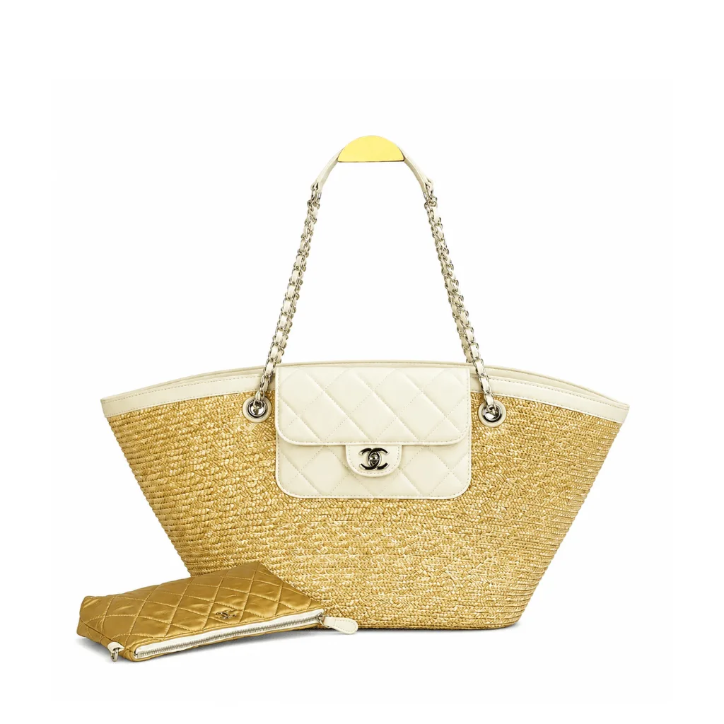 Chanel Large Shopping Tote Bag Beige Raffia And White Lambskin Light Gold Hardware Main image