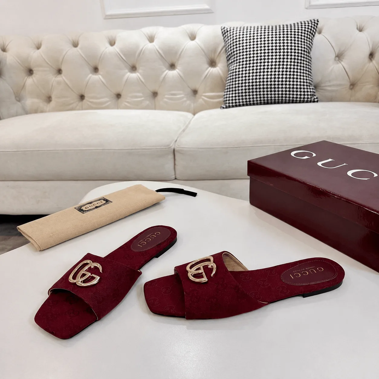 Gucci Classic Monogram Canvas Single-Strap Slide Sandals In Burgundy