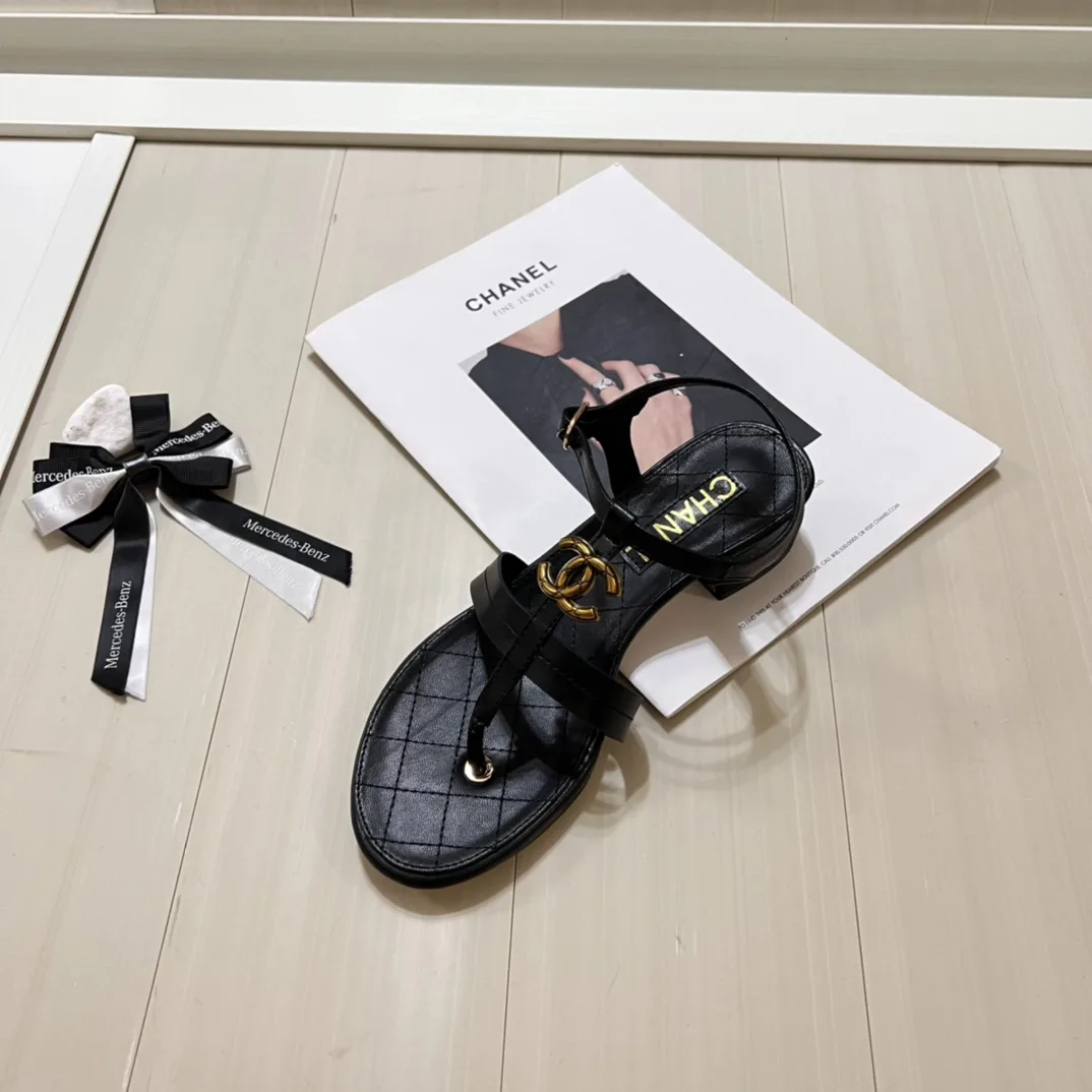 Chanel Sandal Open Round Toe Flip Flops Black