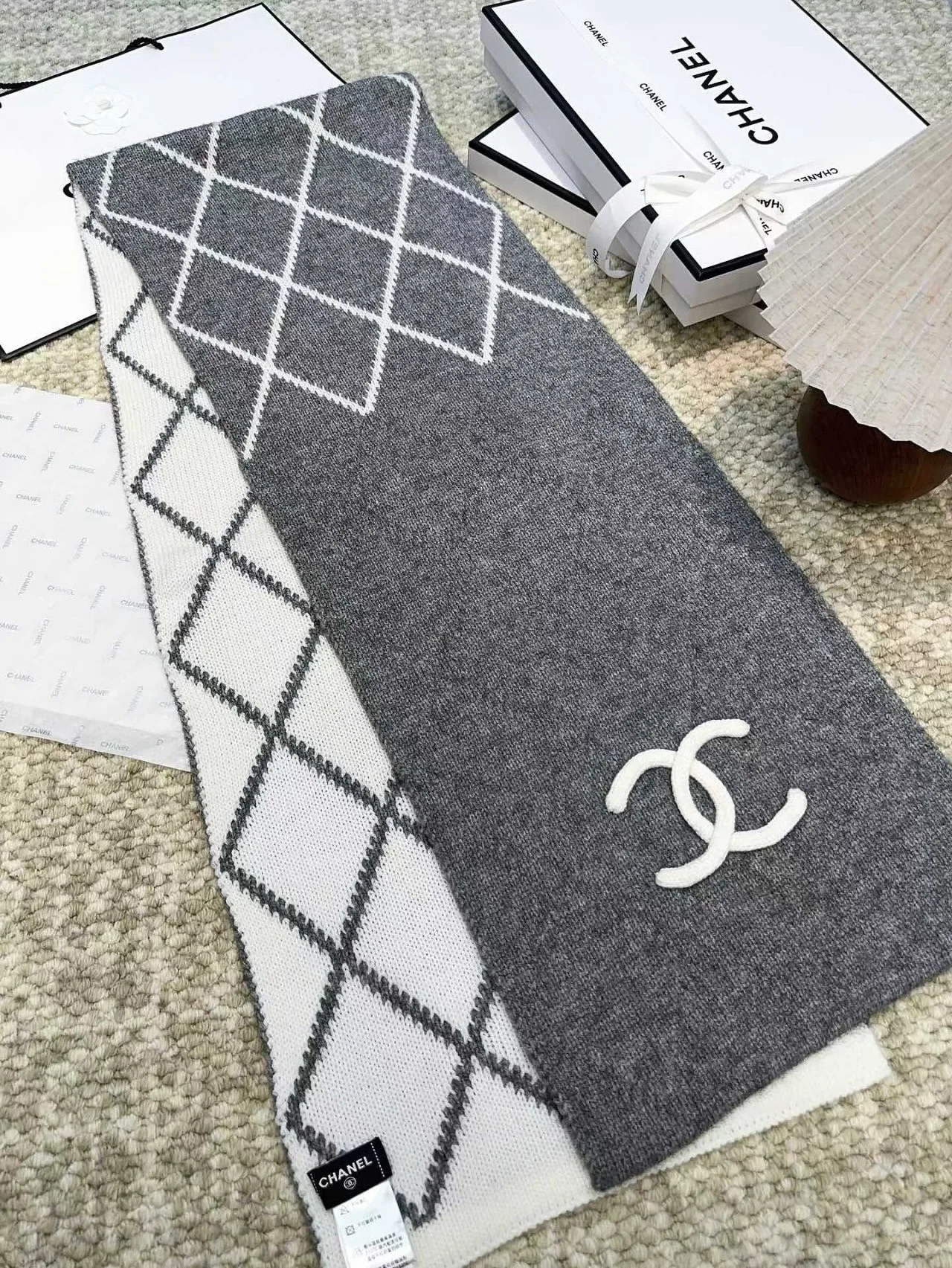 Chanel Diamond Patterned Cshmere Grey Scarf