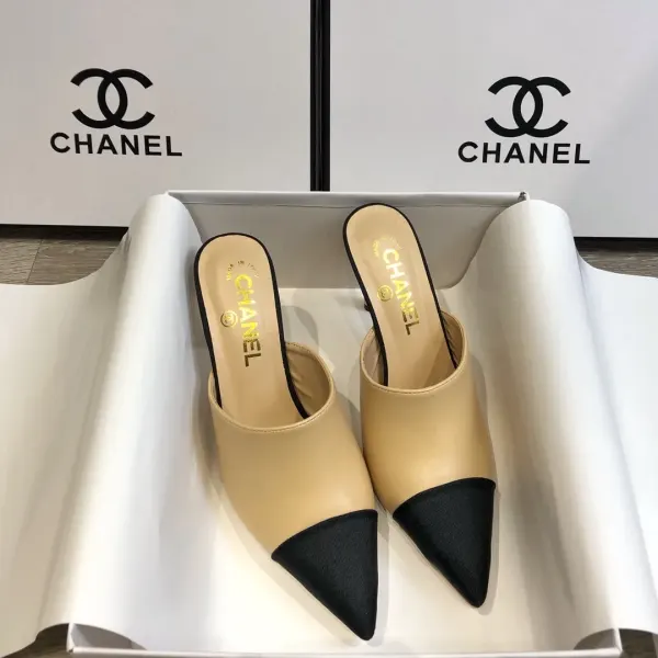 Chanel Beige Lambskin Leather Cap Toe Pearl Heel Mules