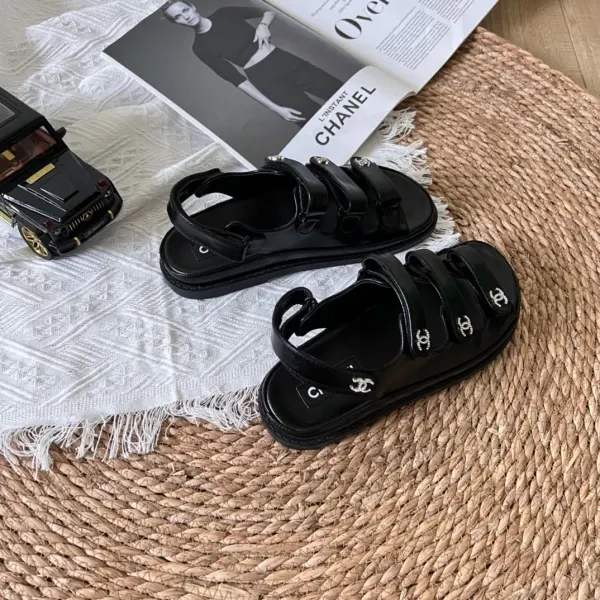 Chanel Black Leather Interlocking CC Logo Sandals