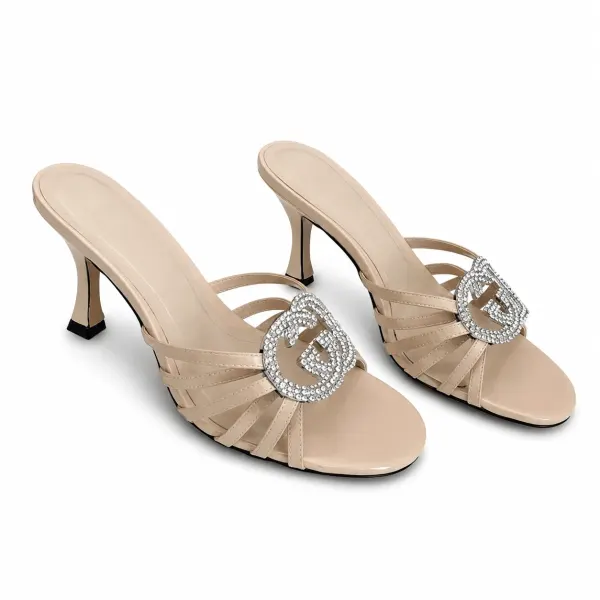 Gucci Interlocking G 85 Crystal Patent Leather Sandals Beige