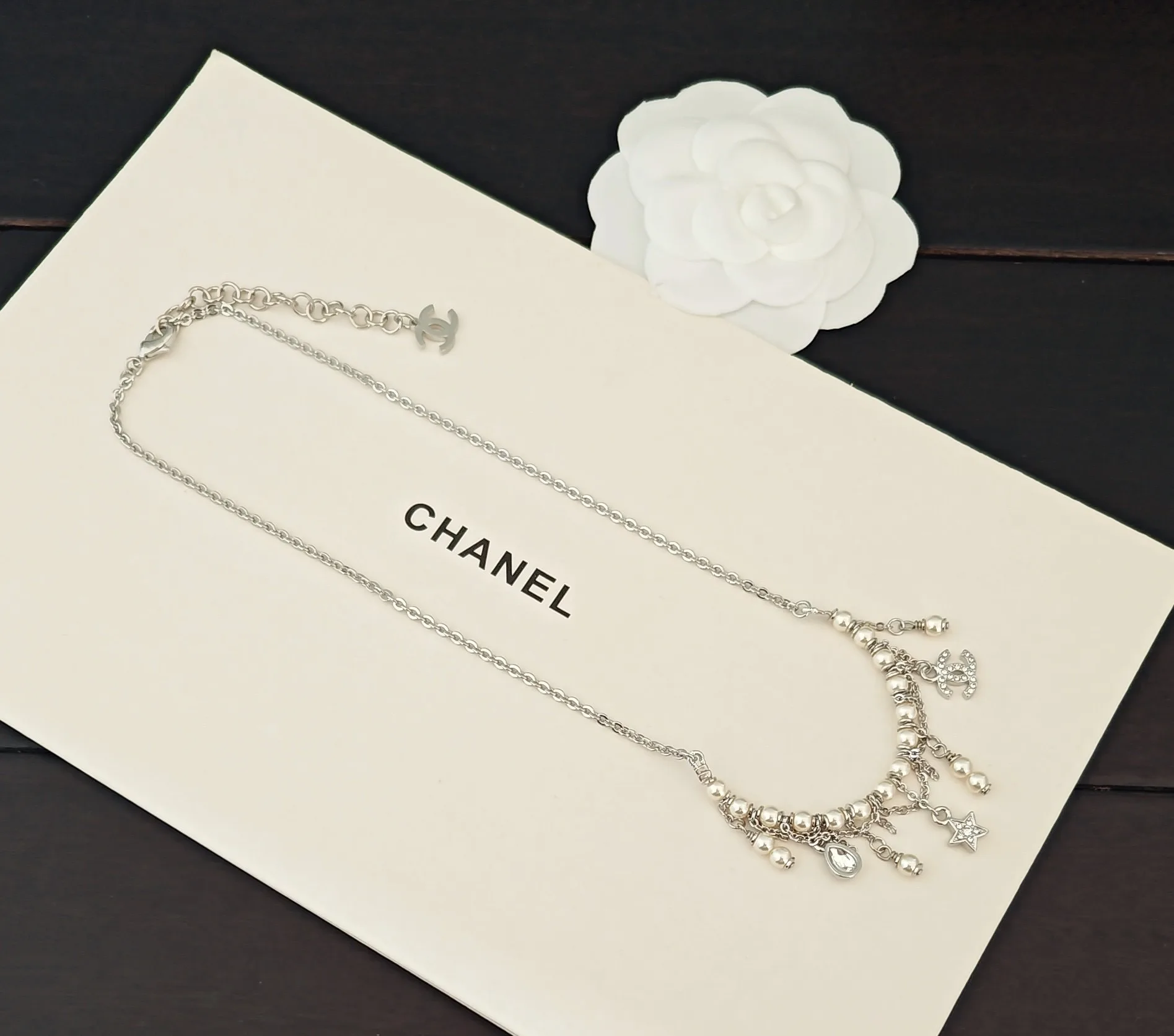Chanel Crystal Star And Pearl Tassel Necklace In Silver-Tone Metal