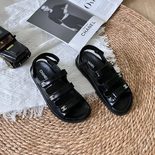 Chanel Black Leather Interlocking CC Logo Sandals