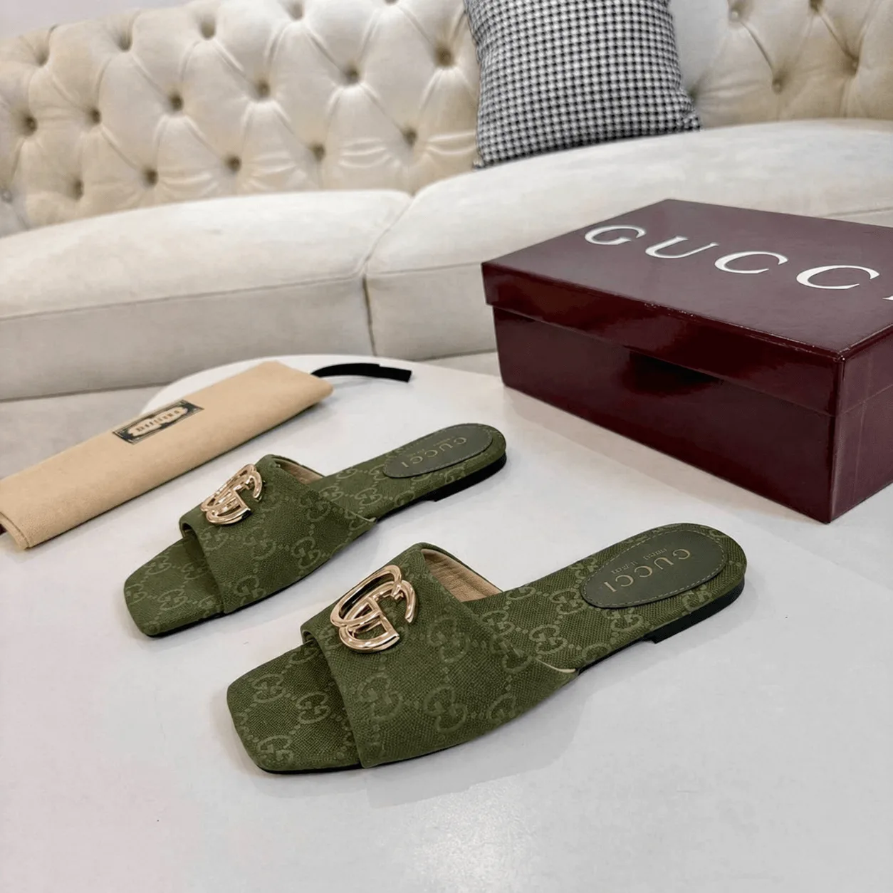 Gucci Classic Monogram Canvas Single-Strap Slide Sandals In Green