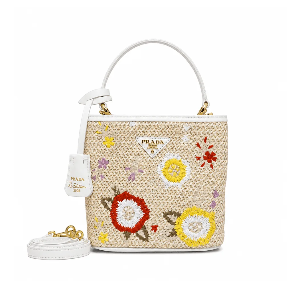 Prada Embroidered Floral Raffia Shoulder Bag In White Main image