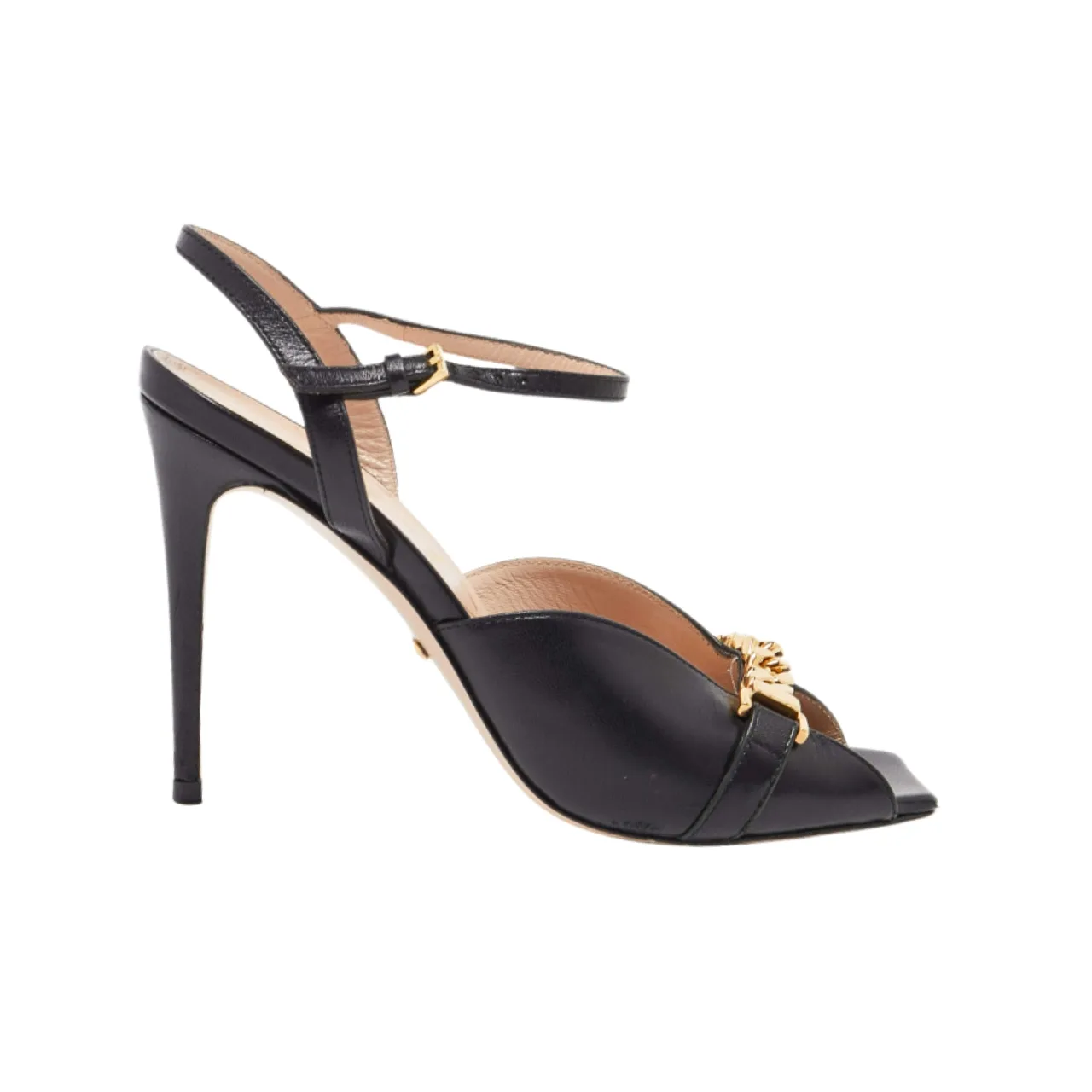 Gucci Metal Chain Stiletto Heels Flip Flop Fish Mouth Sandals Black Main image