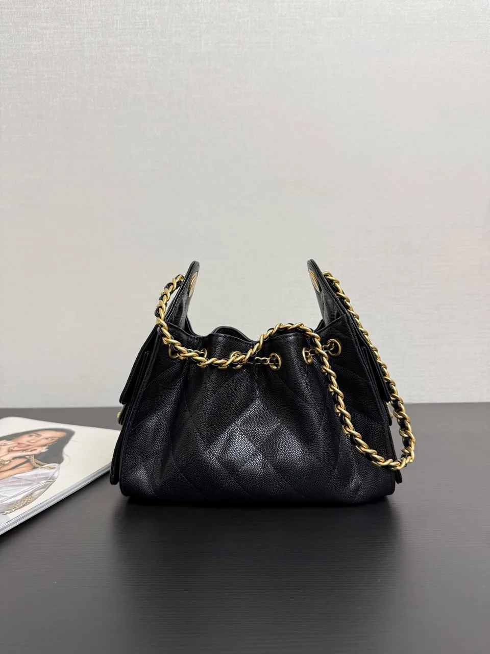 Chanel 22 Mini Hobo Bag Black Caviar Leather Gold Hardware