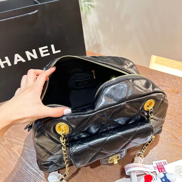 Chanel Maxi Bowling Shoulder Bag With Chain In Black 28Cm