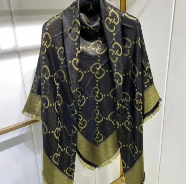 Gucci GG Jacquard Silk Wool Shawl Black And Gold
