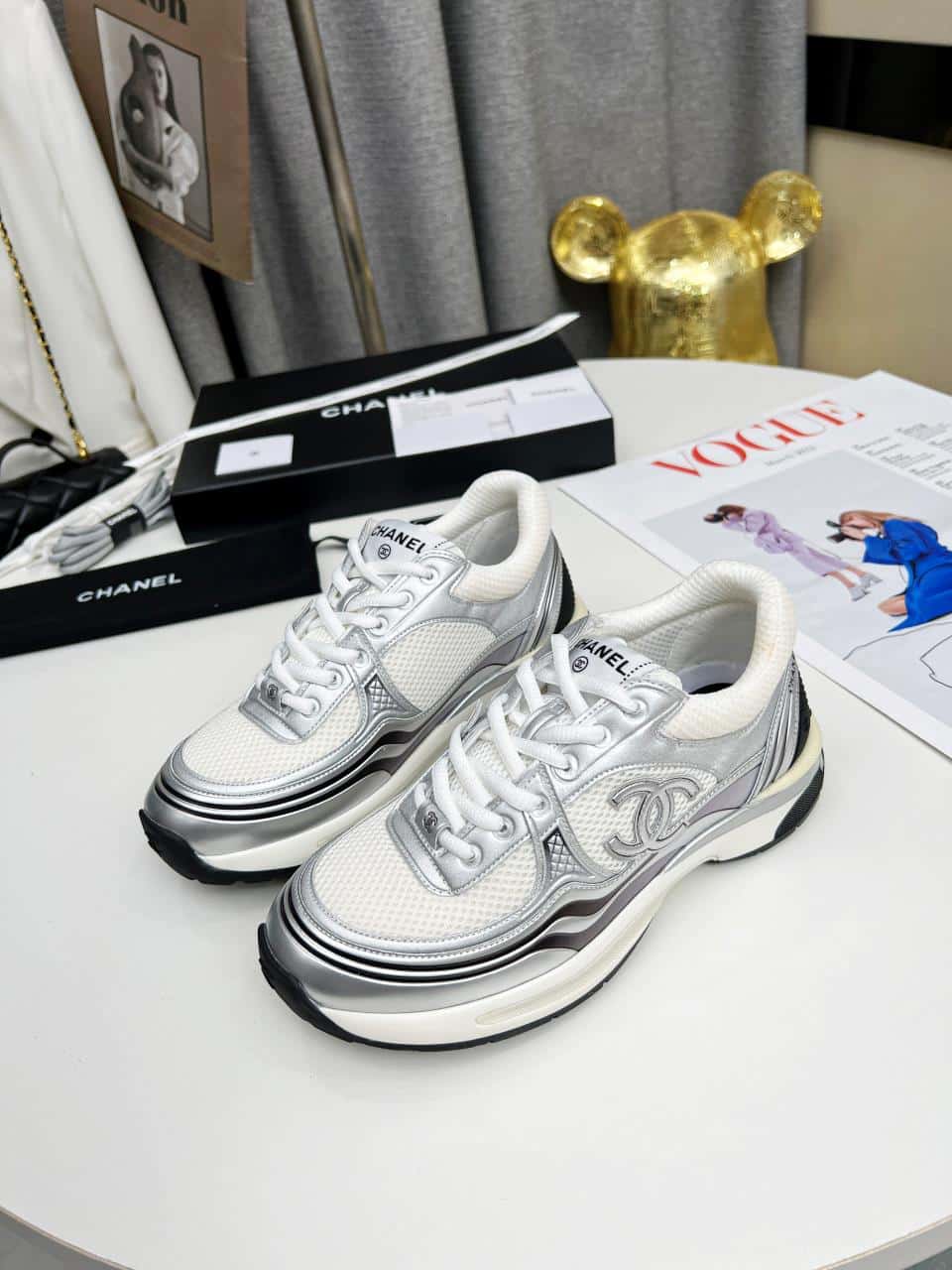 Chanel 23C Silver Metallic Cc Logo Lace Up Flat Runner Trainer Sneaker White G39792 Y56368 K5451