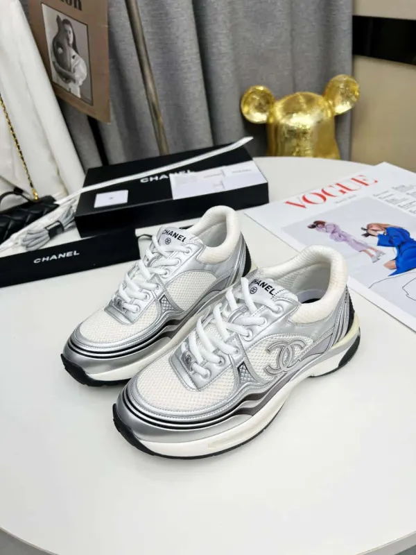 Chanel 23C Silver Metallic Cc Logo Lace Up Flat Runner Trainer Sneaker White G39792 Y56368 K5451