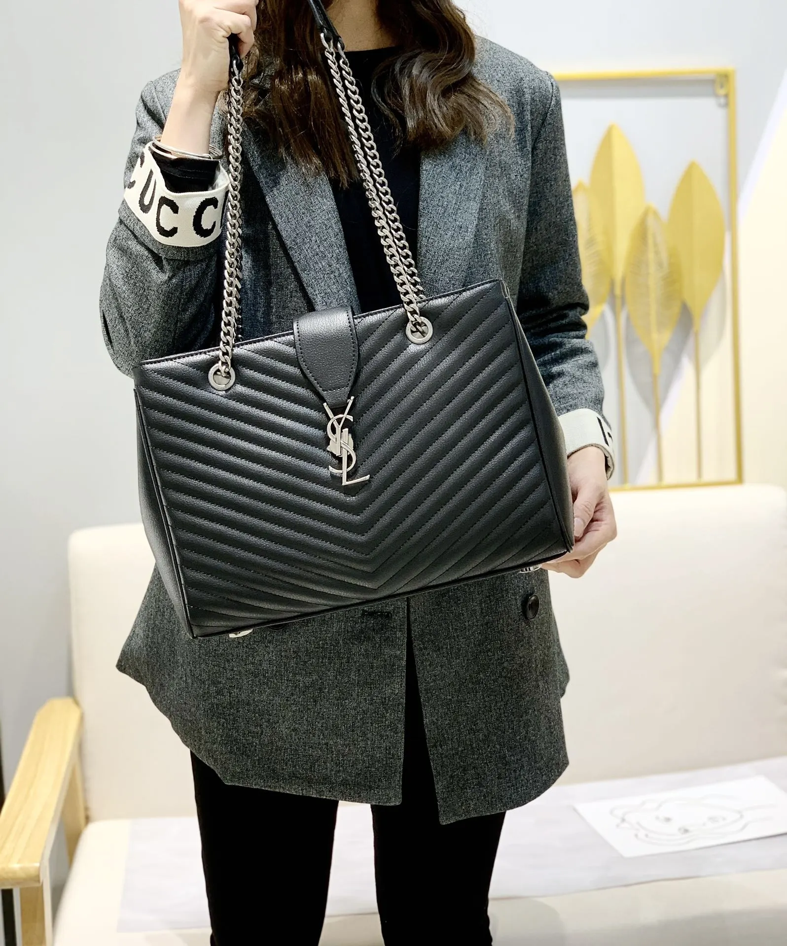 Saint Laurent Black Grain De Poudre Matelasse Chevron Monogram Shopping Bag Silver Hardware Secondary image