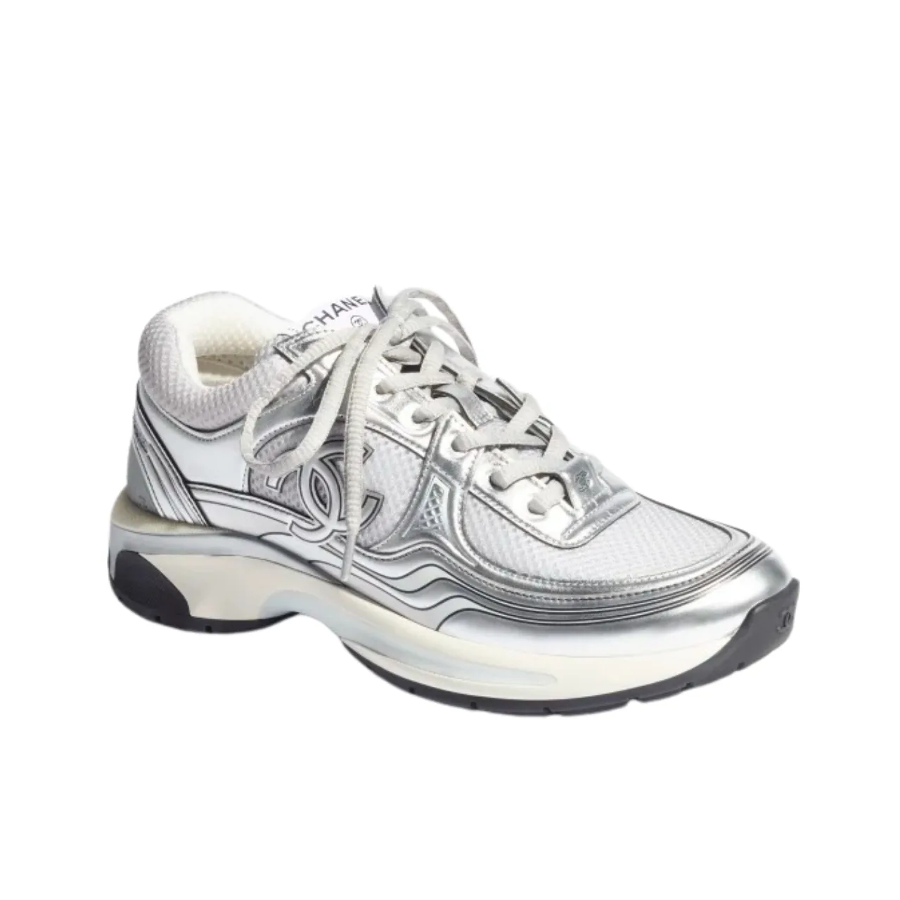 Chanel 23C Silver Metallic Cc Logo Lace Up Flat Runner Trainer Sneaker White G39792 Y56368 K5451 Main image