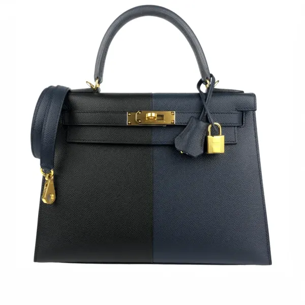 H Kelly 28 Sellier Black Blue Indigo Blue Frida Epsom Gold Hardware