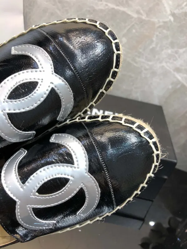 Chanel Embroidered Espadrille Leather Cap Toe Flats Black Cc