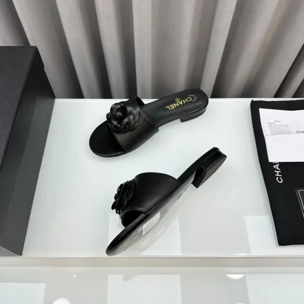 Chanel Camellia Leather Slides Black