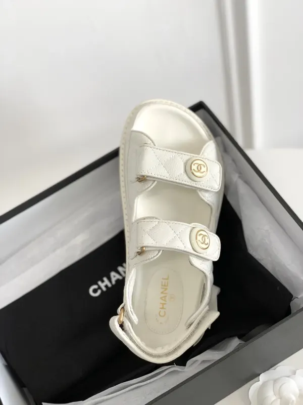Chanel Cc Button Velcro White Sandals Grained Calfskin Leather