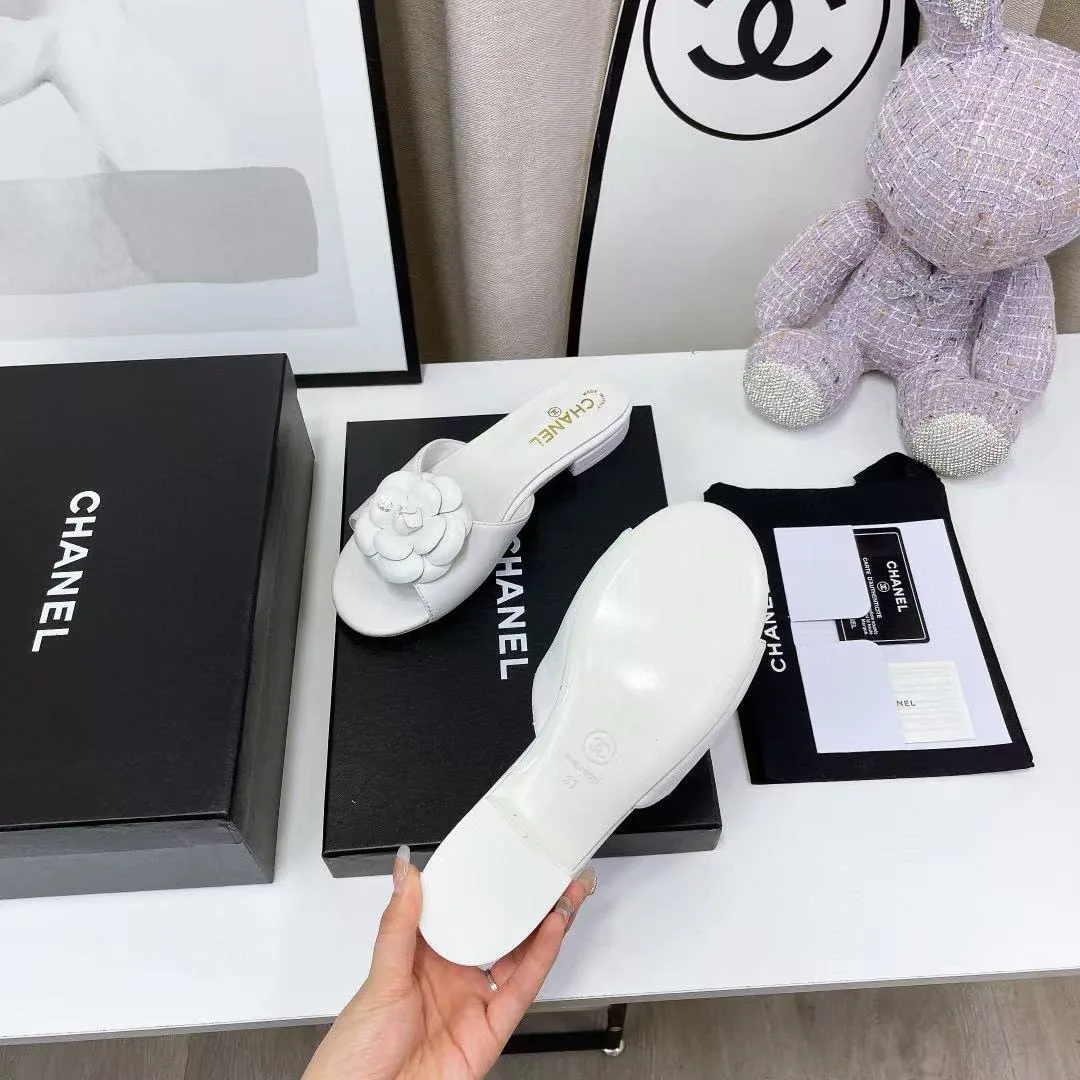 Chanel Camellia Slides White