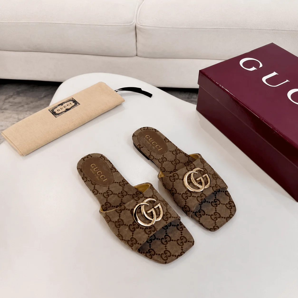 Gucci Classic Monogram Canvas Single-Strap Slide Sandals In Brown