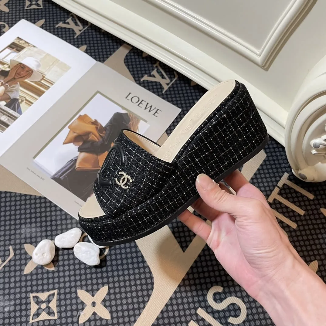 Chanel Tweed Cc Platform Slide Sandals Black